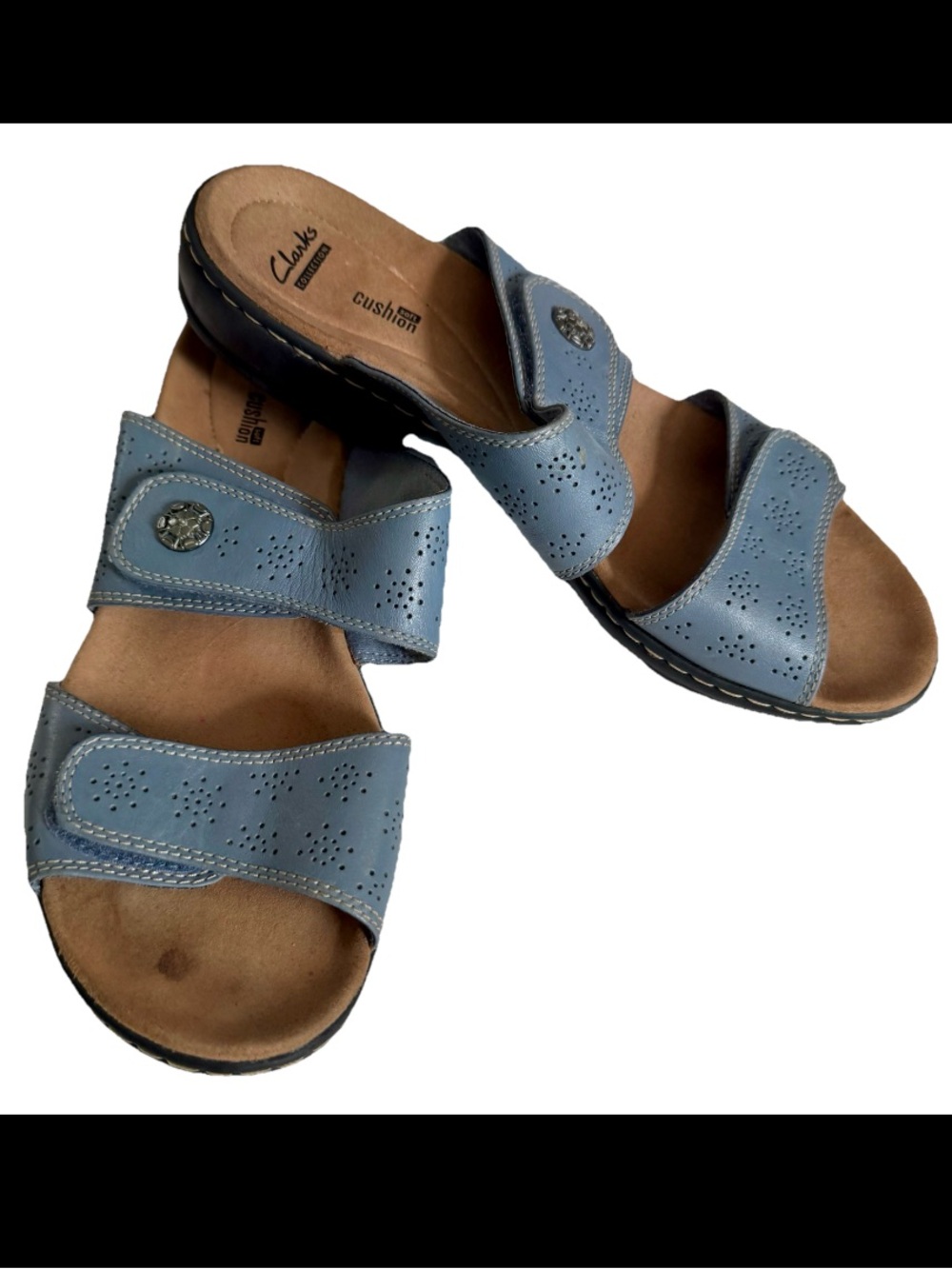 Clarks Collection Cushion Soft Sandals Womens US 11 Blue Leather Comfort Slides